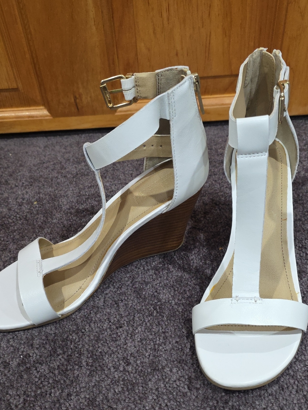Women’s White T-Strap Wedge Sandals